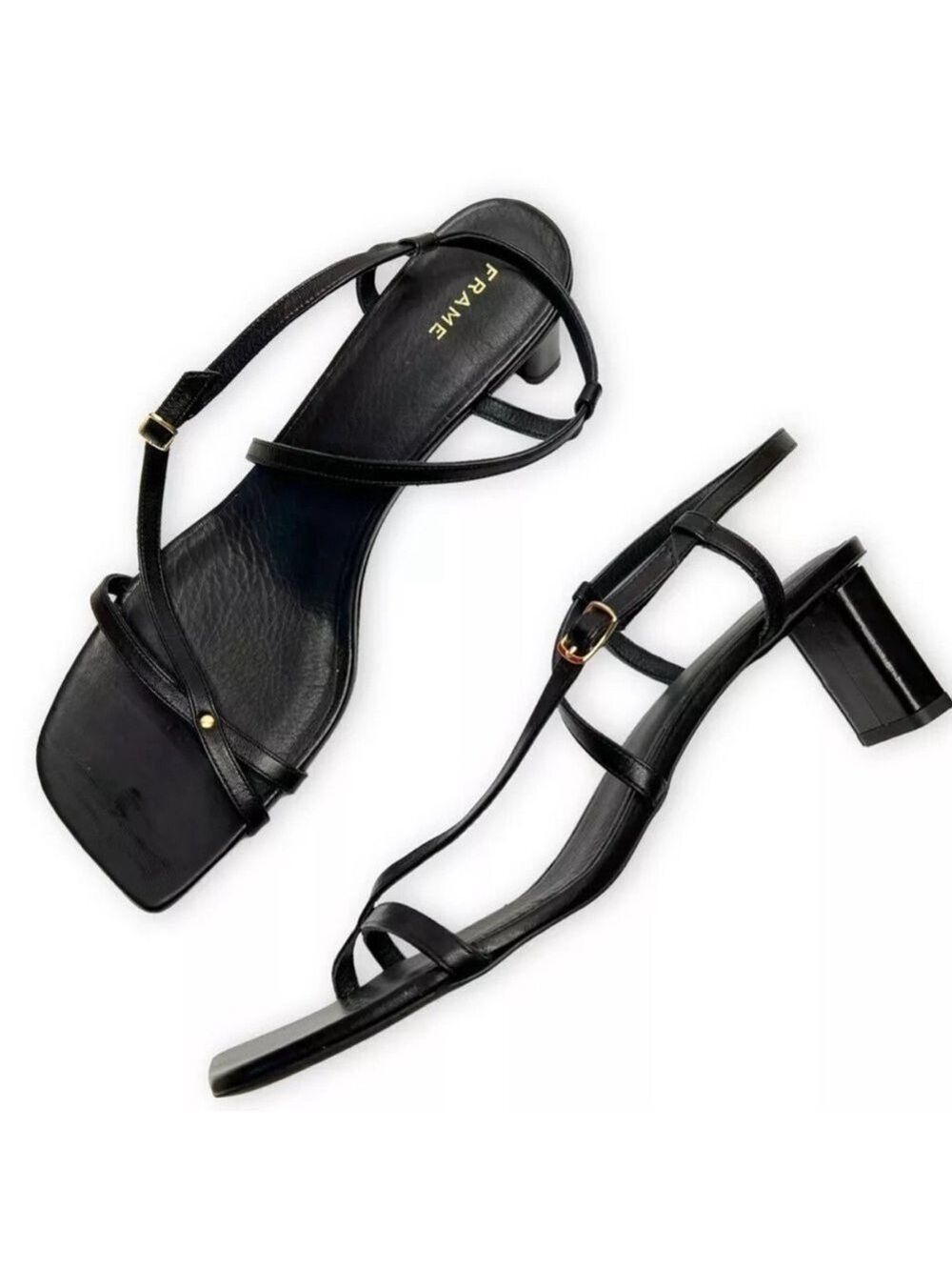 Frame Le Braxton Strappy Leather Black Sandal Square Toe Women EUR 39.5 US 9 - Picture 2 of 15